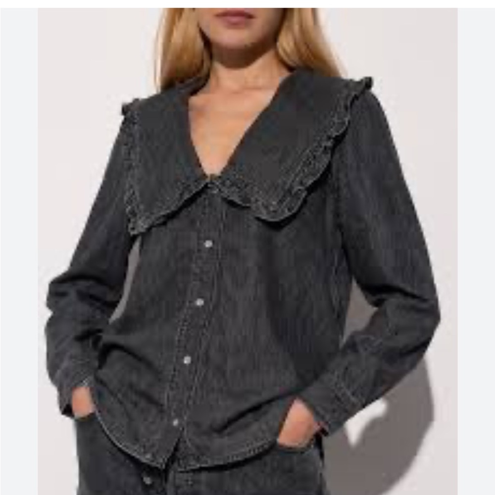 GANNI denim shirt ruffle collar Size 36 NEW RARE